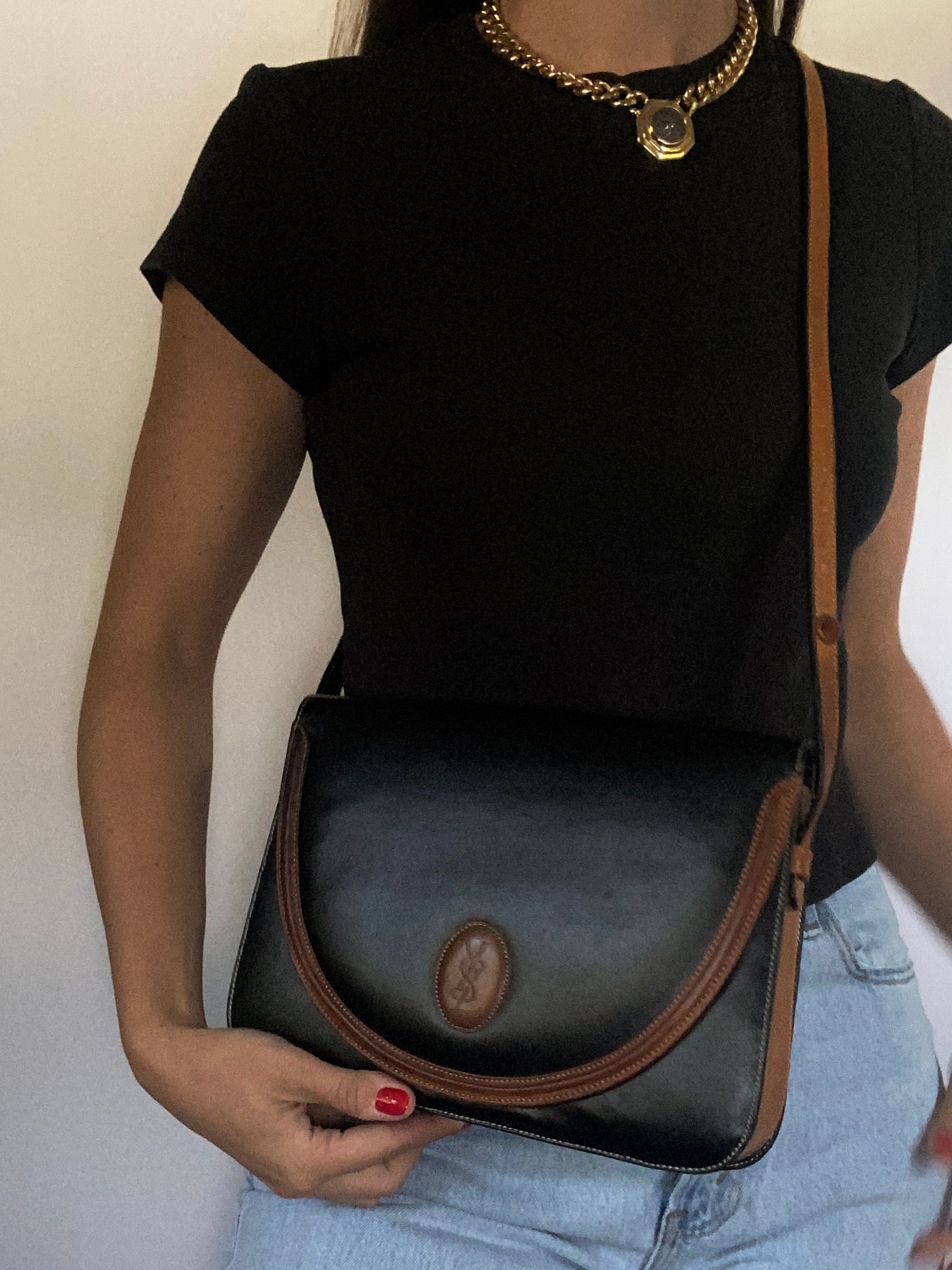 Vintage Yves Saint Laurent Two Tone Leather Shoulder Bag
