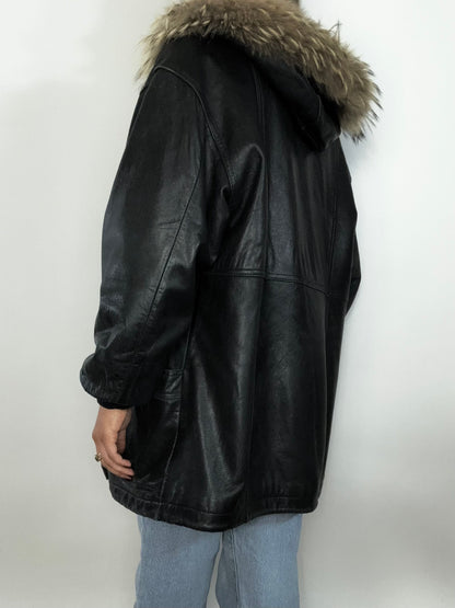 Jet Black Leather Parka with Genuine Fur Trim Size M/L