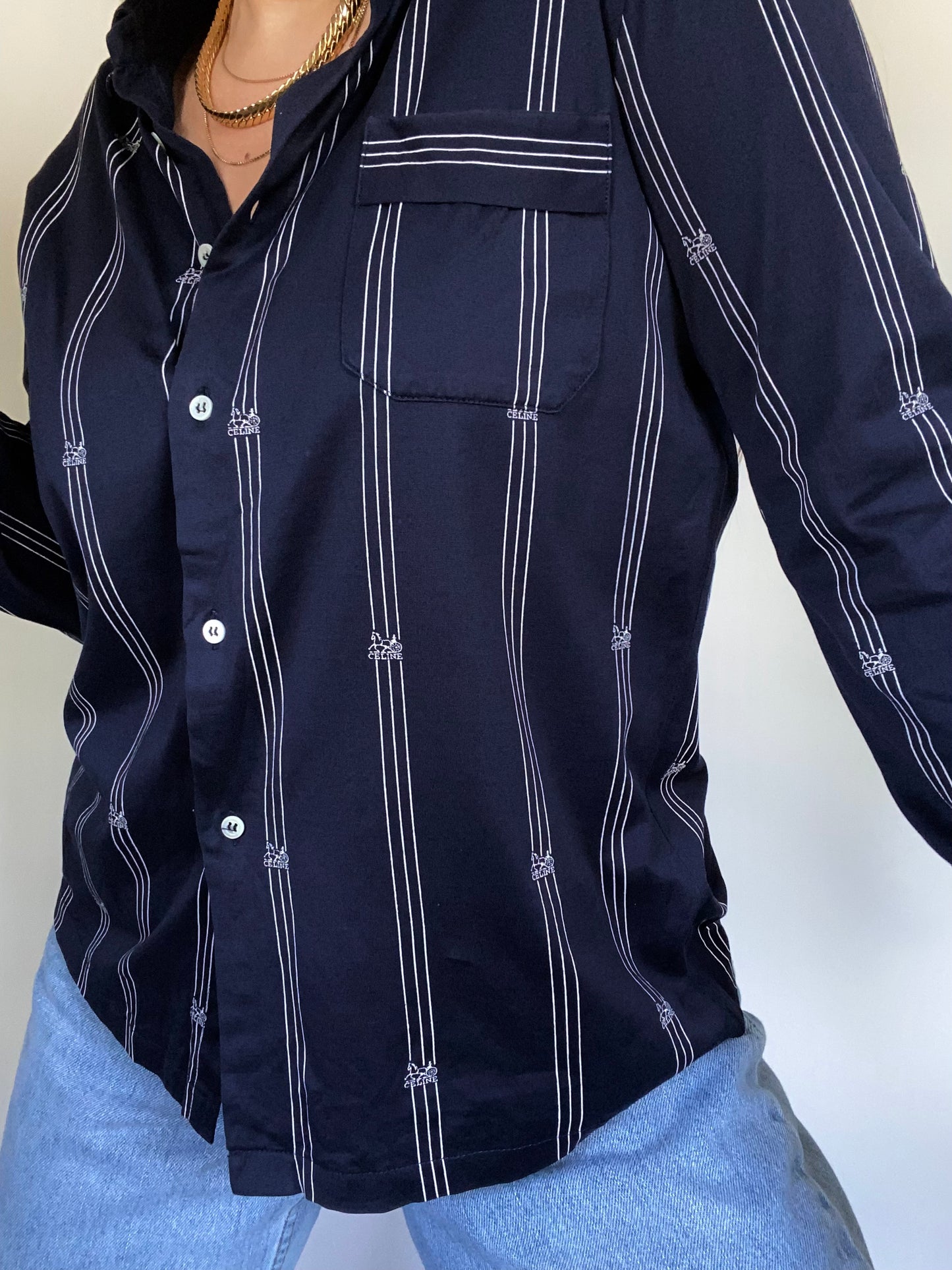 Celine Logo Striped Navy Button Up Size M