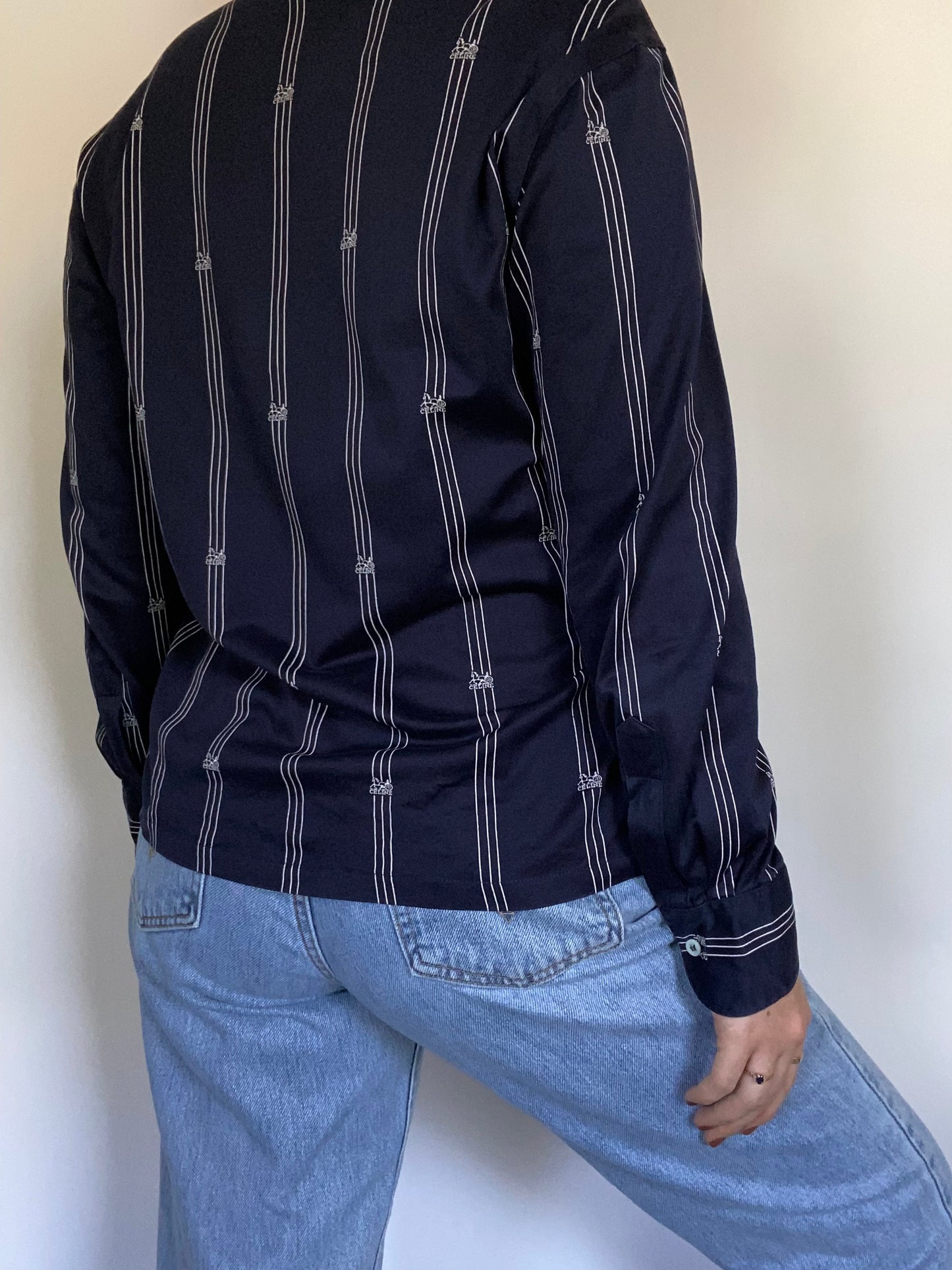 Celine Logo Striped Navy Button Up Size M