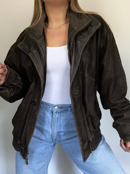 Dark Brown Leather Bomber Size L