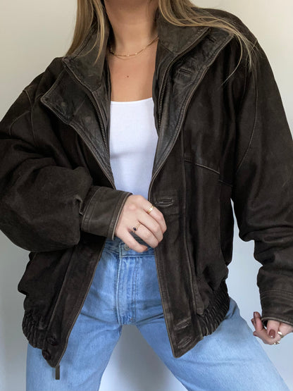 Dark Brown Leather Bomber Size L