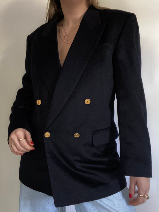 Yves Saint Laurent Logo Navy Double Breasted Blazer Size M