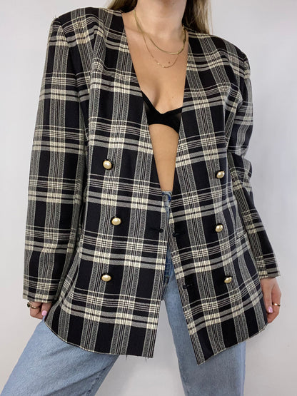 Plaid Double Breasted Blazer with Pearl Buttons Size L