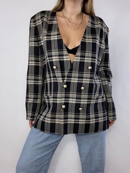 Plaid Double Breasted Blazer with Pearl Buttons Size L