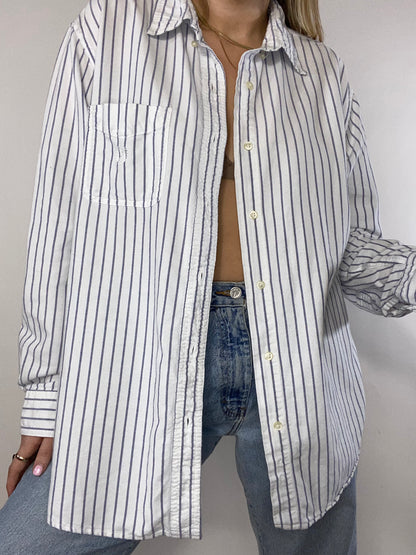 Chaps Logo White Pinstriped Essential Button Up Size L