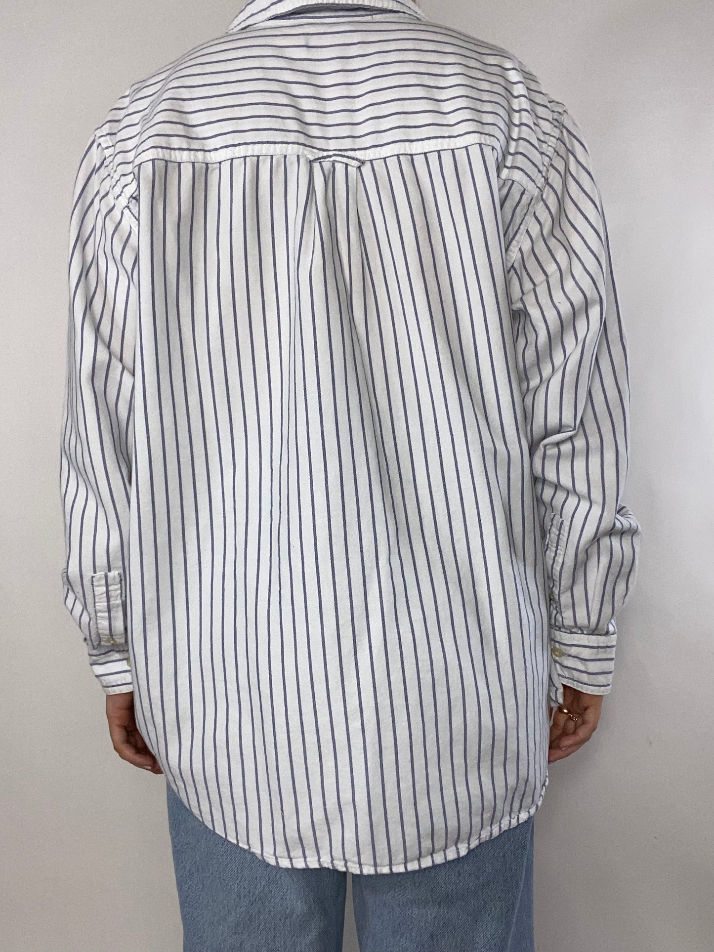 Chaps Logo White Pinstriped Essential Button Up Size L