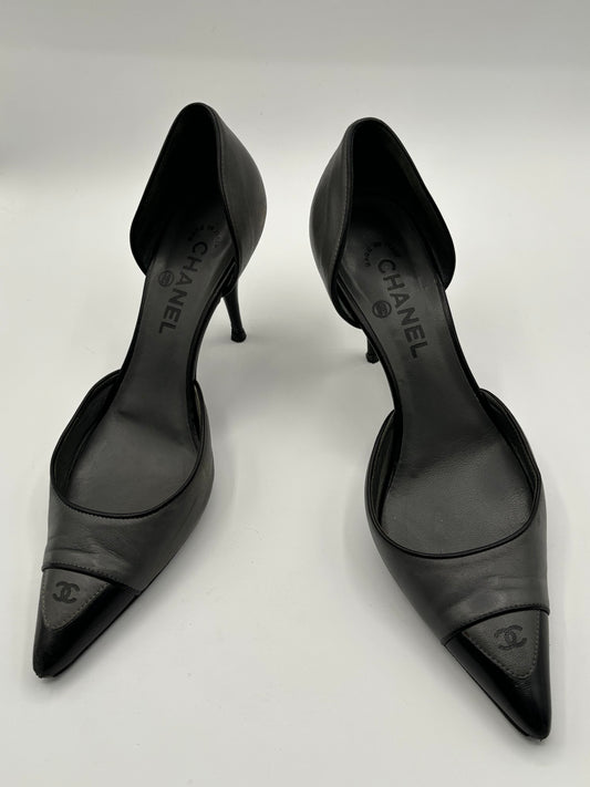 Chanel Black & Grey Leather Pumps Size 8.5