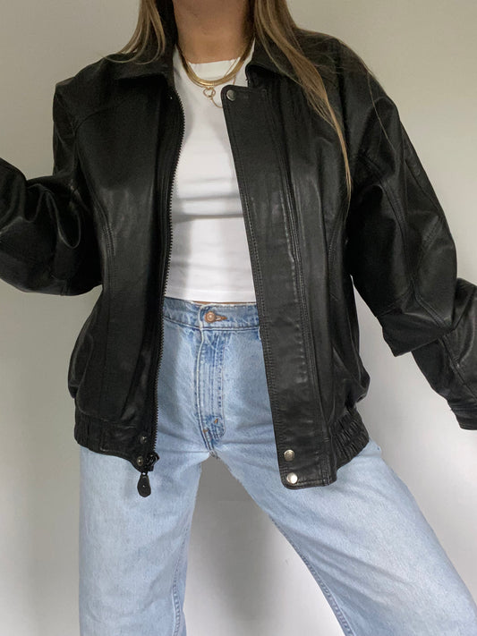 Pierre Cardin Black Leather Bomber Size M/L
