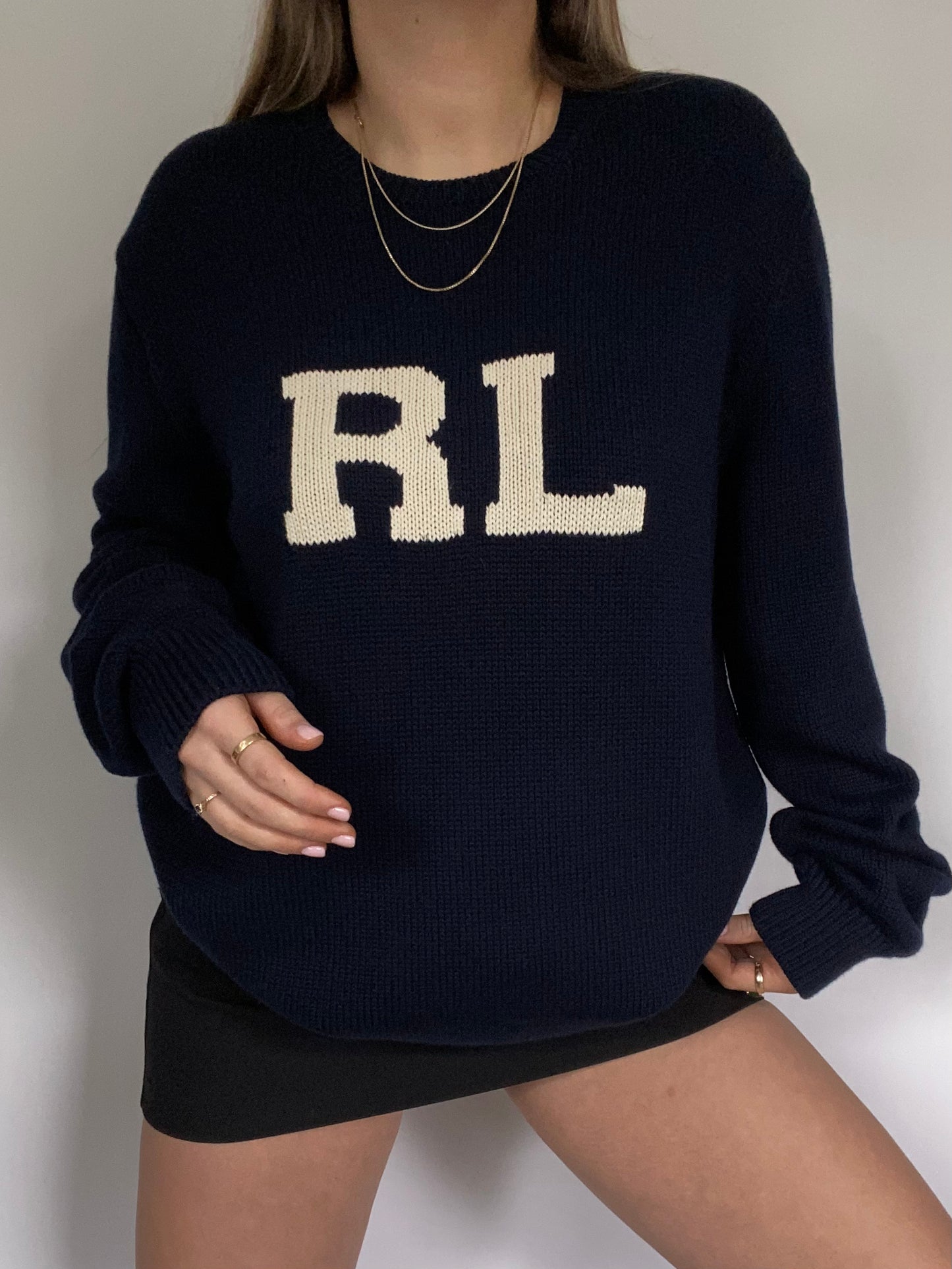 Ralph Lauren Navy Knit Logo Crewneck Sweater Size L/XL