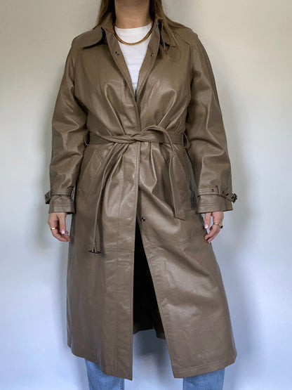 Taupe Genuine Leather Wrap Trench Coat Size M