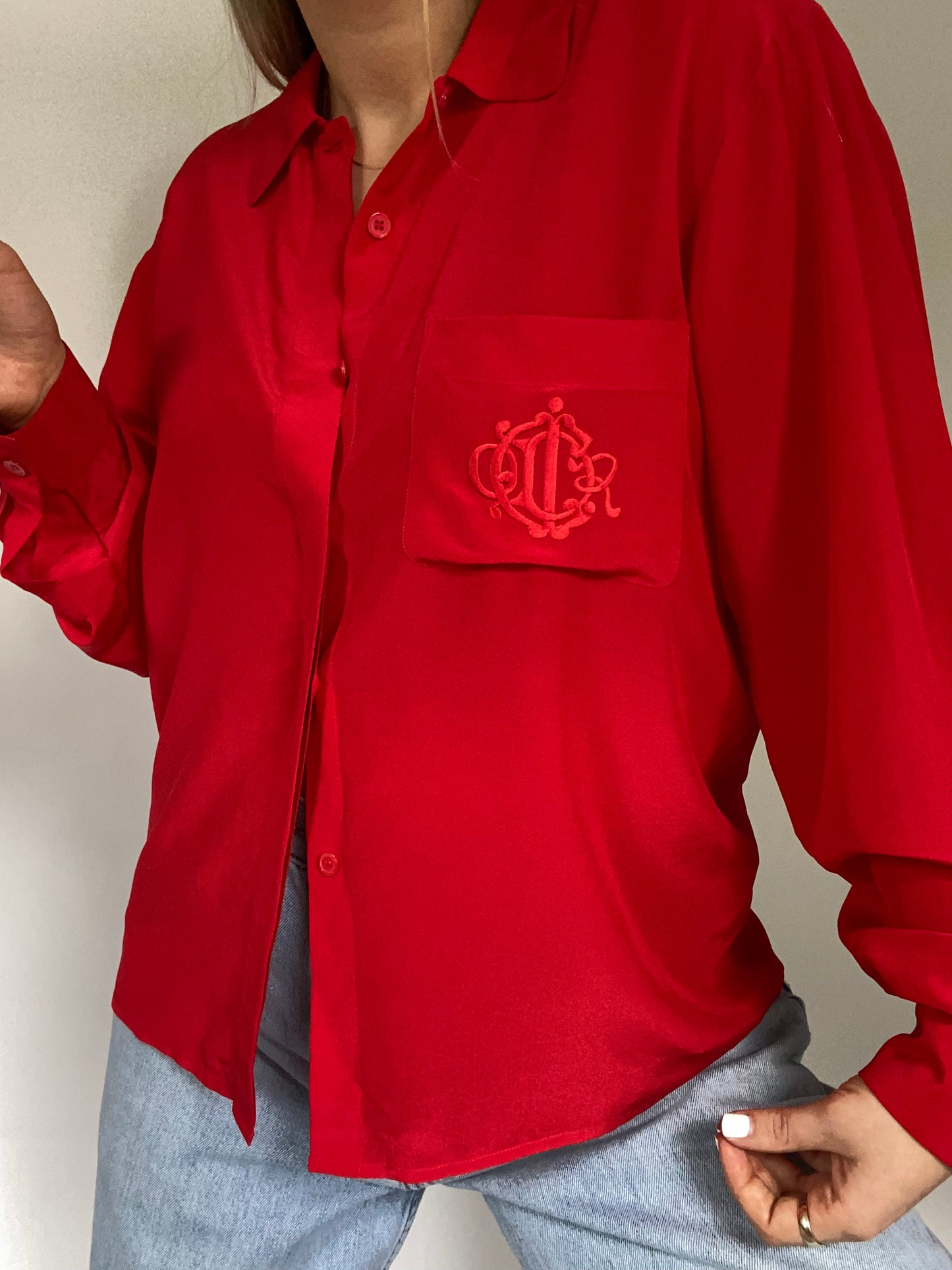 Christian Dior Logo Silk Red Button Up Blouse Size M/L