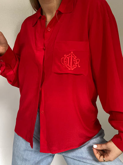 Christian Dior Logo Silk Red Button Up Blouse Size M/L