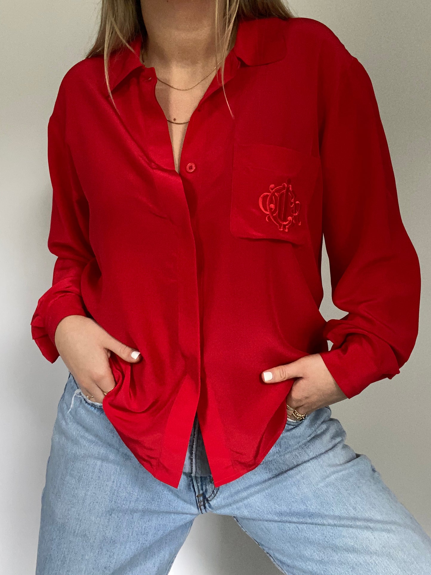 Christian Dior Logo Silk Red Button Up Blouse Size M/L