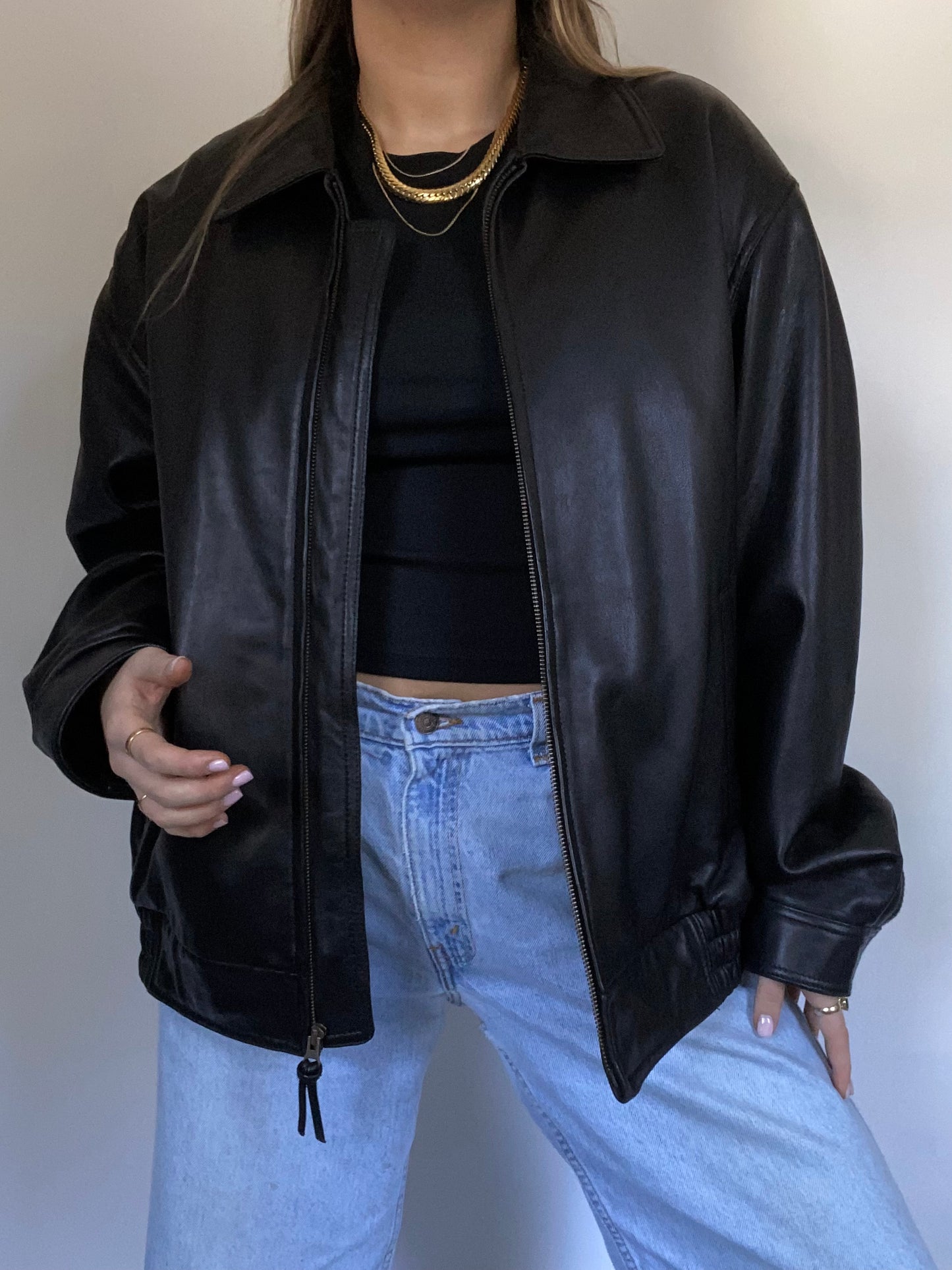 Black Leather Bomber Size L