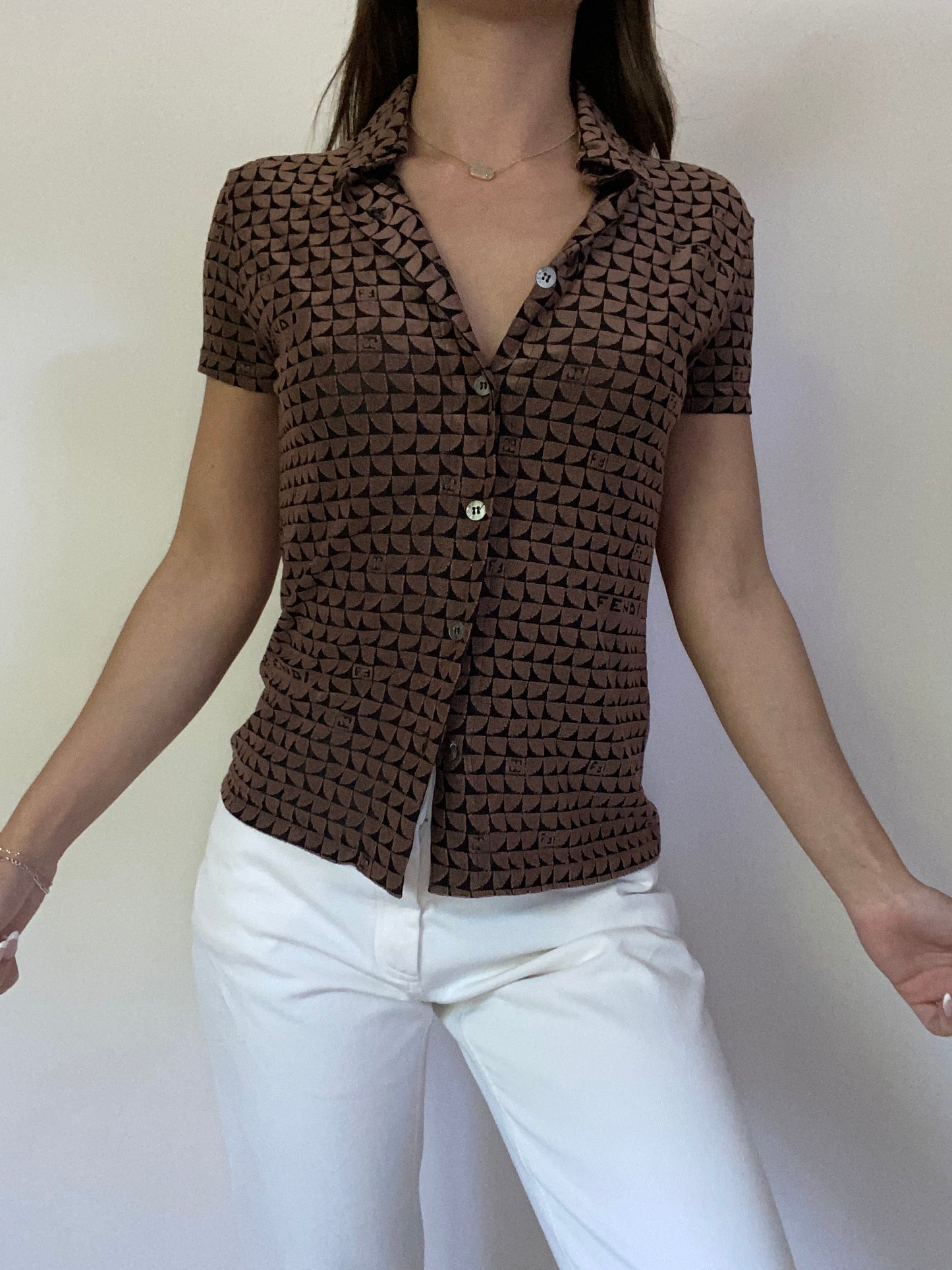 Fendi Monogram Logo Short Sleeve Button Up Blouse Size S/M