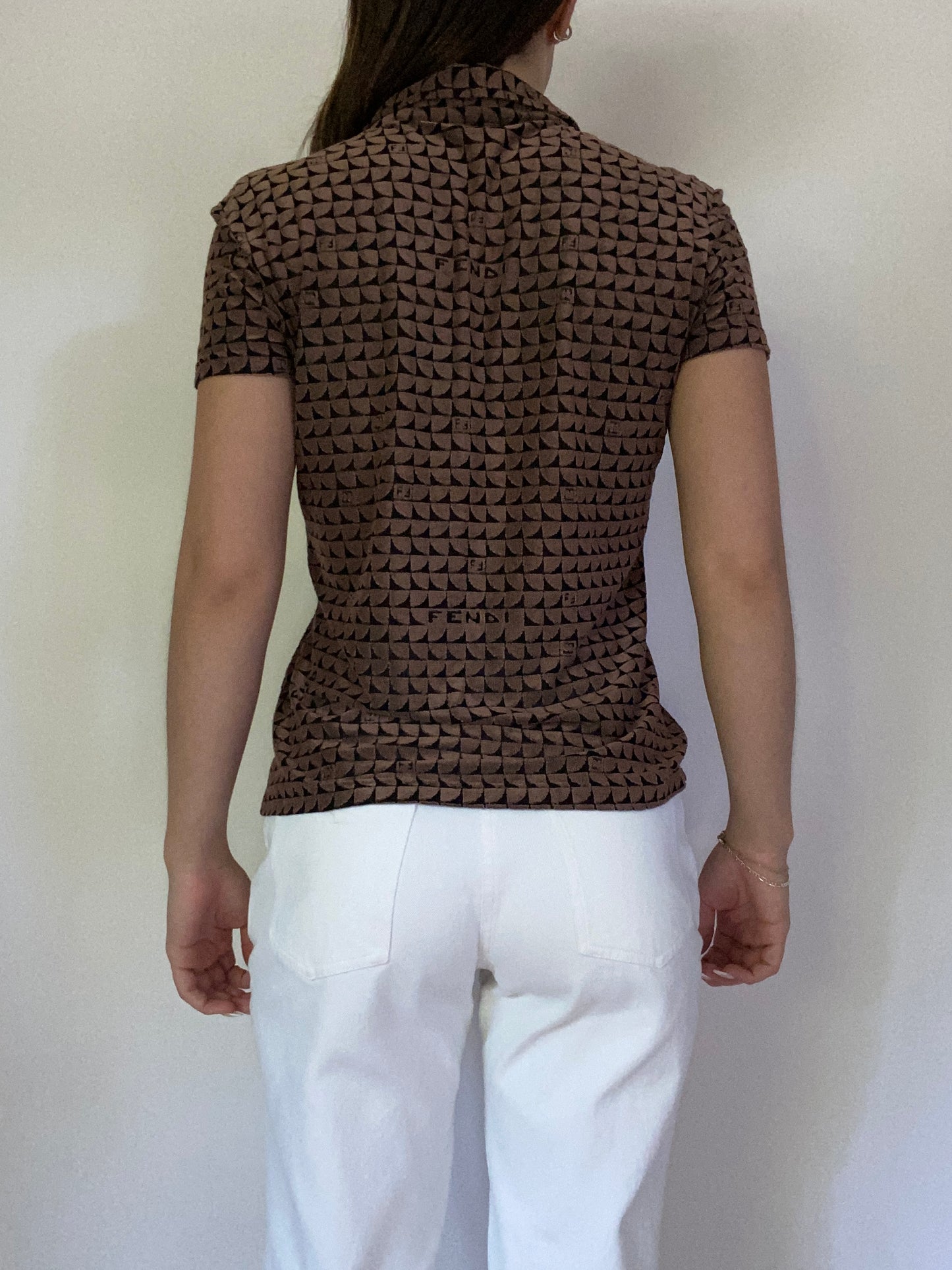 Fendi Monogram Logo Short Sleeve Button Up Blouse Size S/M