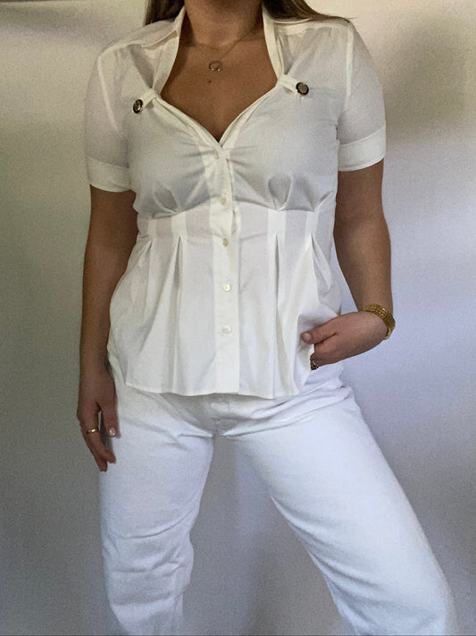 Gucci Tom Ford Era Cotton Pleated Blouse with Logo Hardware Size M/L