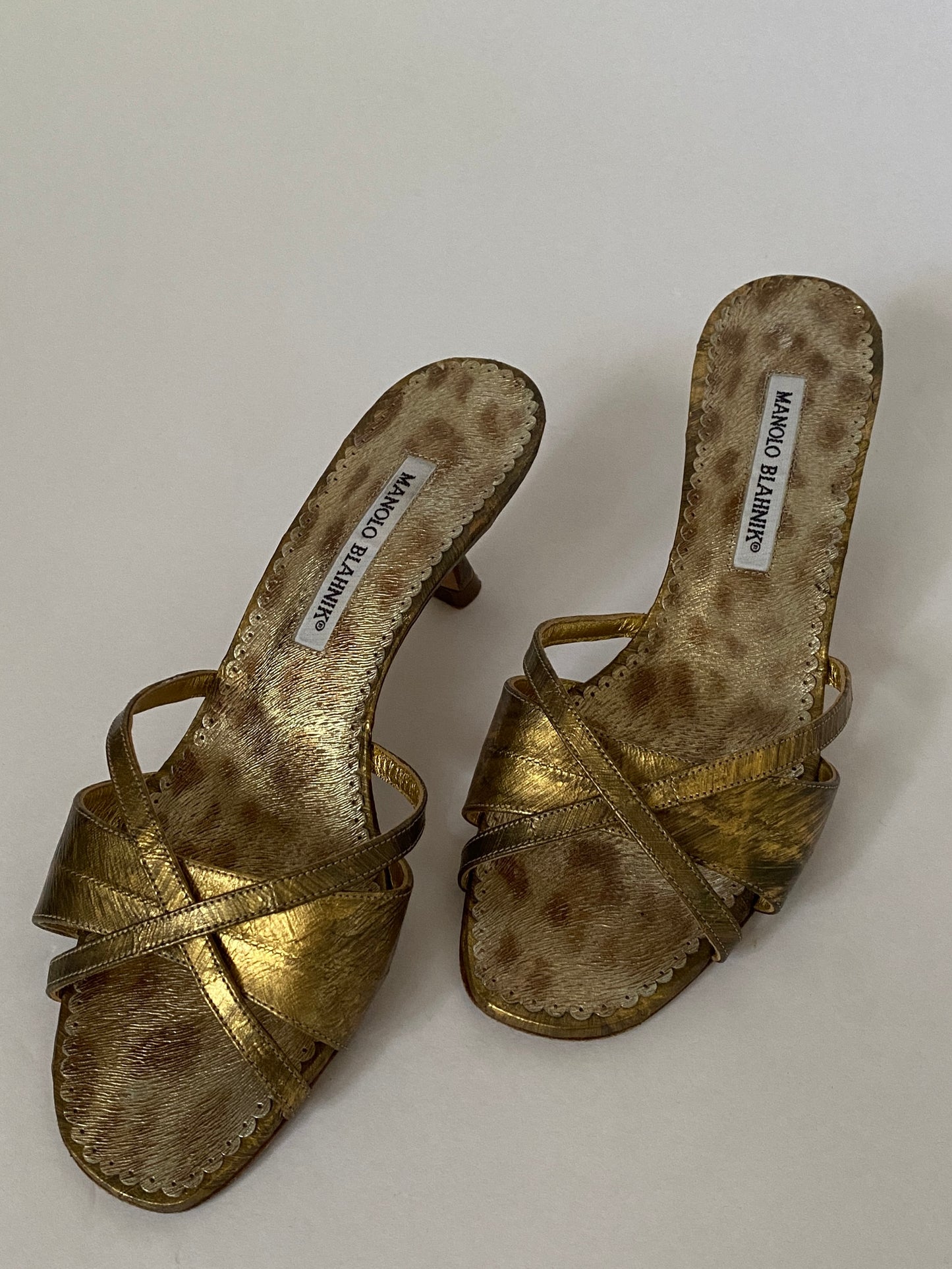Manolo Blahnik Metallic Kitten Heel Mules Size 8
