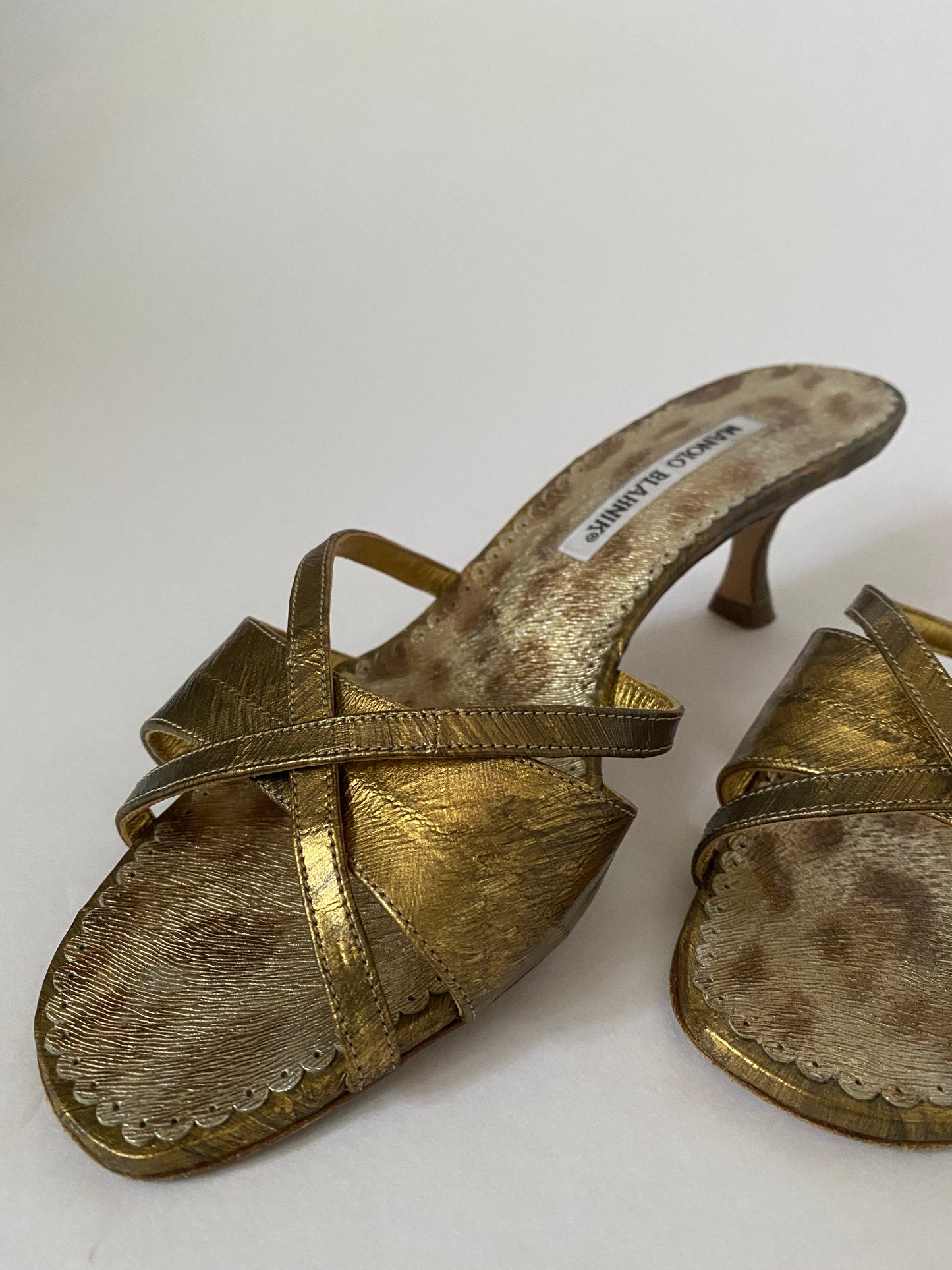 Manolo Blahnik Metallic Kitten Heel Mules Size 8