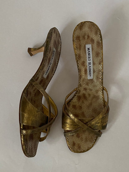 Manolo Blahnik Metallic Kitten Heel Mules Size 8