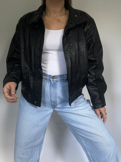 Valentino Black Leather Bomber Jacket Size S/M