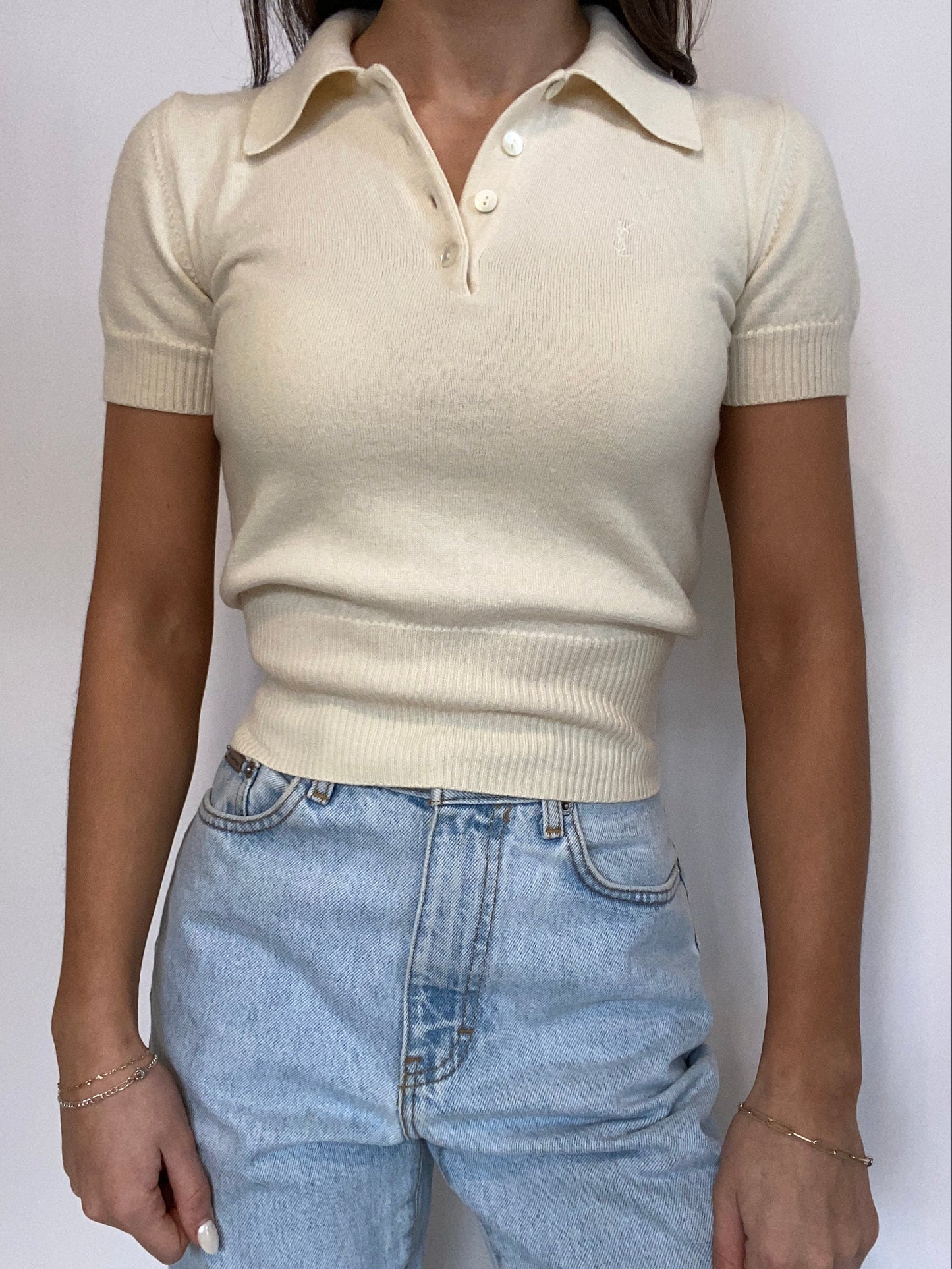 Yves Saint Laurent Ivory Knit Short Sleeve Polo Size XS