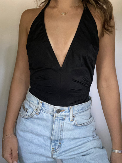 Deadstock Givenchy Logo Plunge Halter One Piece Bathing Suit Size XS