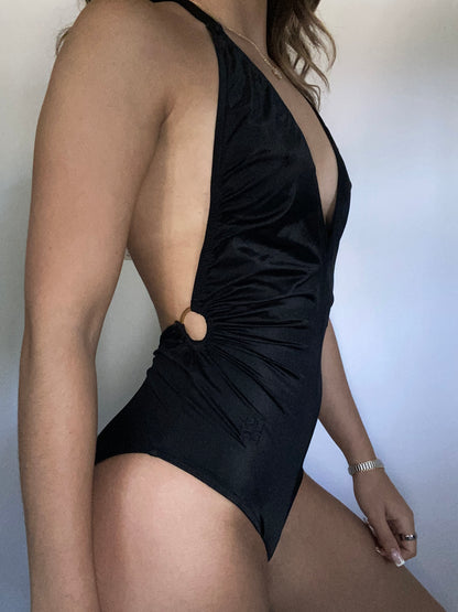 Deadstock Givenchy Logo Plunge Halter One Piece Bathing Suit Size XS