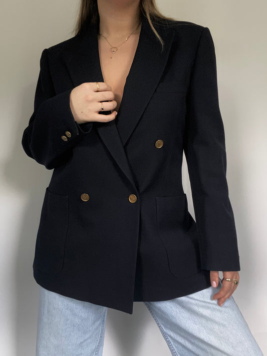 Yves Saint Laurent Logo Navy Double Breasted Blazer Size M/L