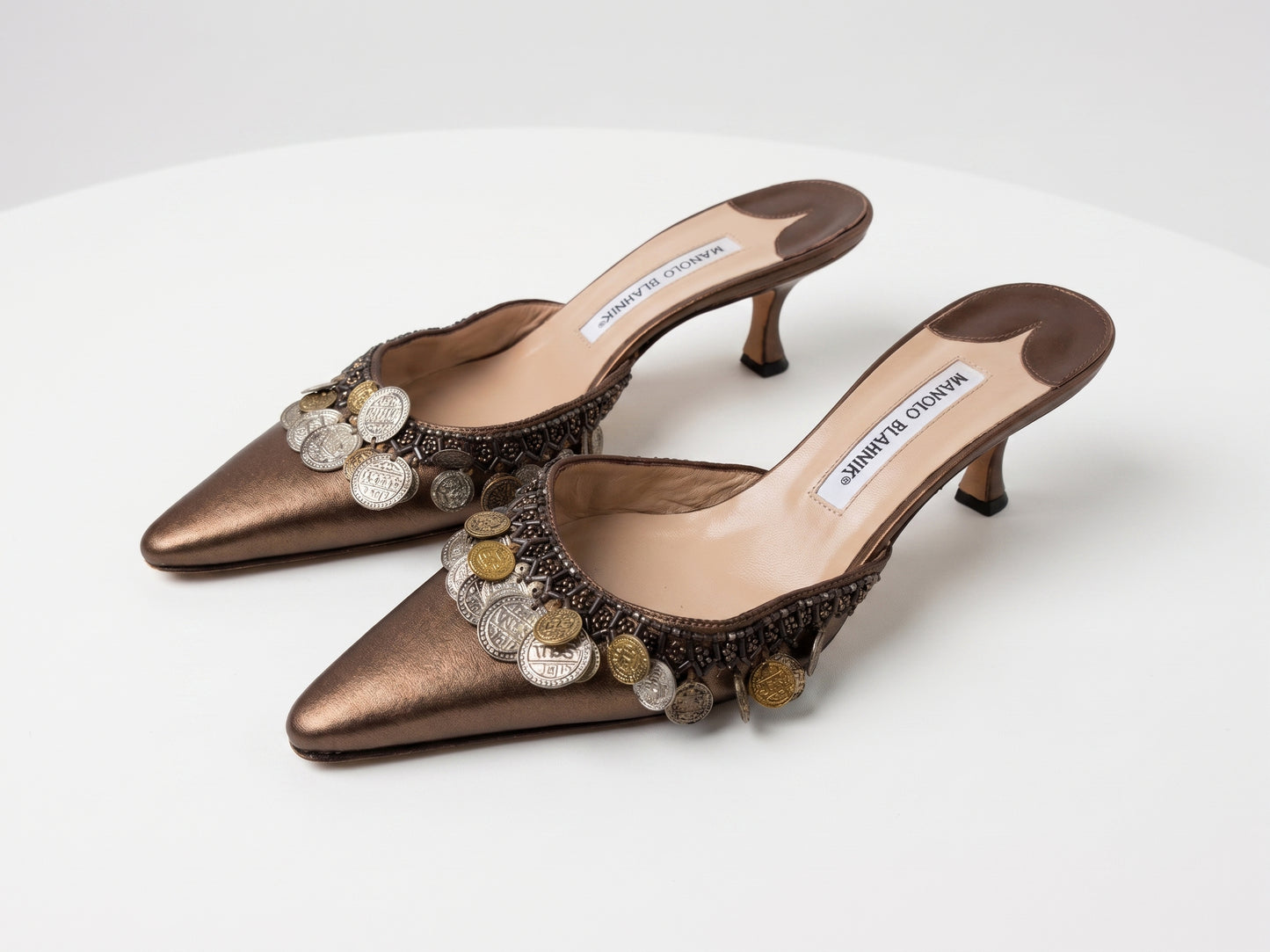 Manolo Blahnik Coin & Bead Embellished Kitten Heels Size 7.5