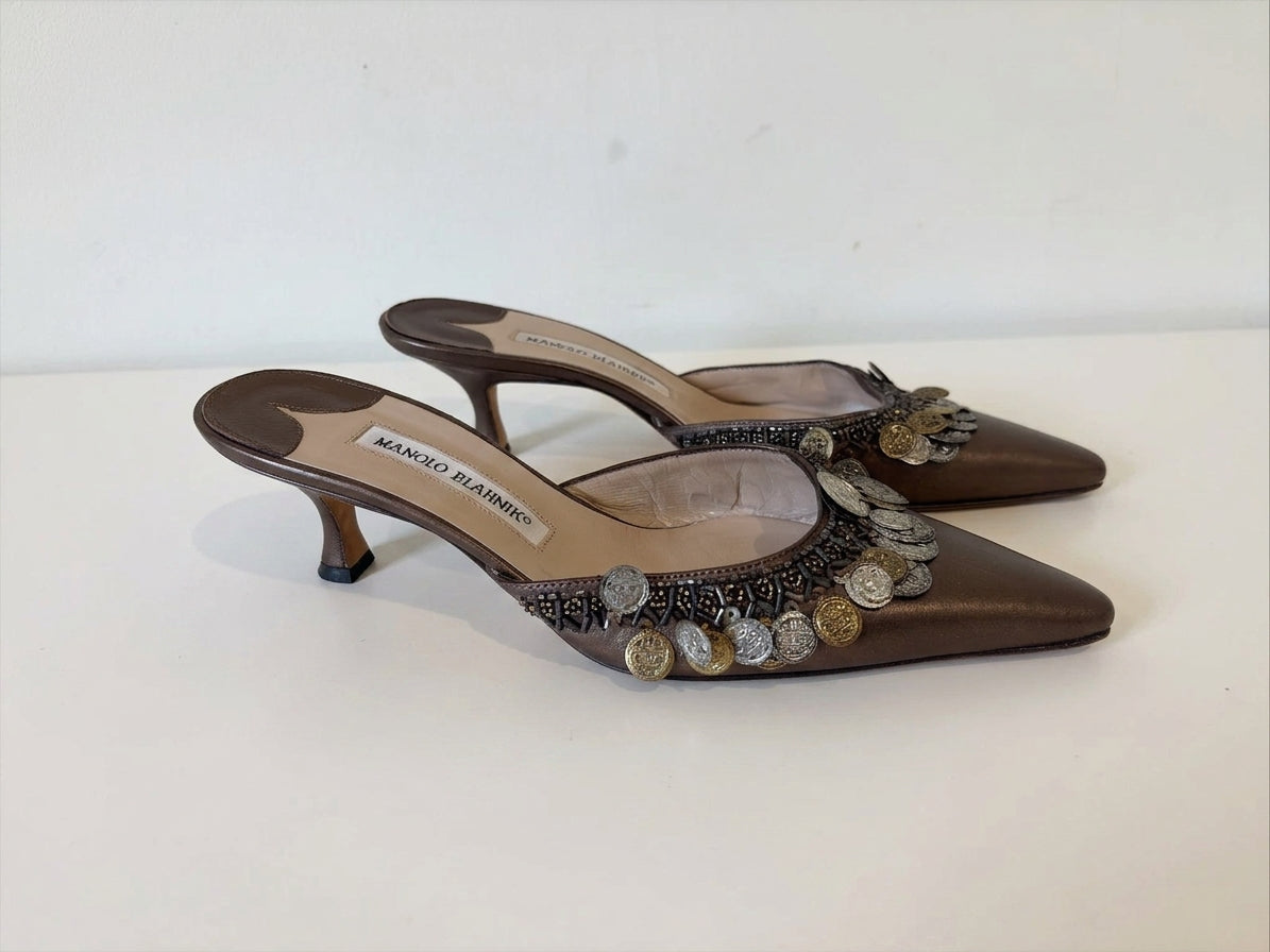 Manolo Blahnik Coin & Bead Embellished Kitten Heels Size 7.5